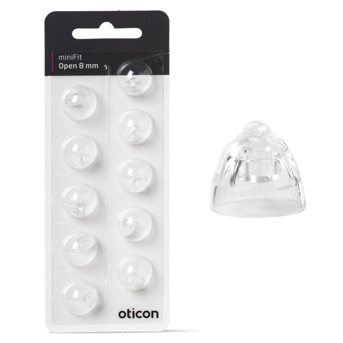 A blister pack labeled "Oticon Minifit Open Dome" holds eight clear, dome-shaped hearing aid tips, with one extra dome beside the pack. The Oticon brand name appears at the bottom.