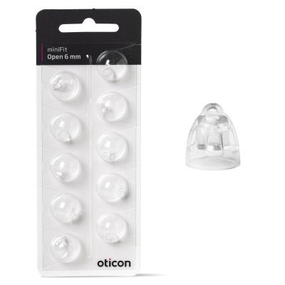 A blister pack of eight Oticon Minifit Open Dome 6 mm hearing aid domes is shown, with one dome displayed separately to the right.