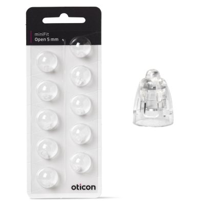 A pack of ten Oticon Minifit Open Dome hearing aid domes (clear, round, 5 mm), with one dome shown separately to the right of the package.