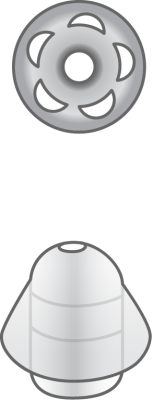 A grayscale illustration of the LifeTip 6 mm Open abutment shown from above with four curved slots around a central hole, and from the side as a cylindrical, slightly tapered implant with two horizontal grooves.