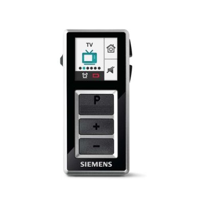 The Siemens EasyPocket is a black remote control with a silver border, small display, three large buttons (P, +, −), an on-screen TV icon, and the Siemens logo at the bottom.