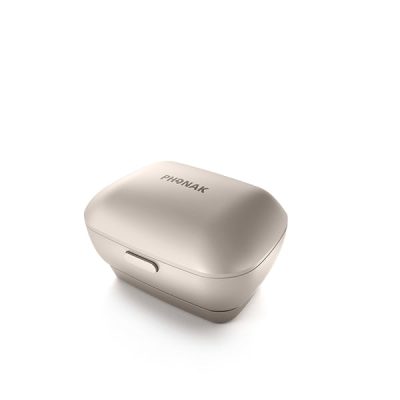 A closed Phonak Charger Case in beige, featuring a rectangular shape with rounded edges, displayed on a white background.