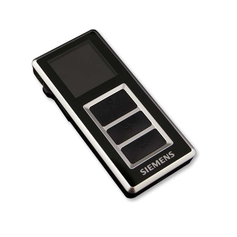 The Siemens EasyPocket, shown in black on a white background, features a small top screen and three rectangular buttons below it.