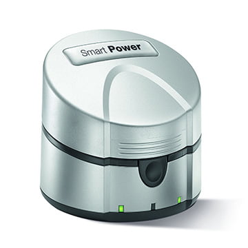 A compact, silver, cylindrical Smart Power Charger with two green indicator lights and a black front button.