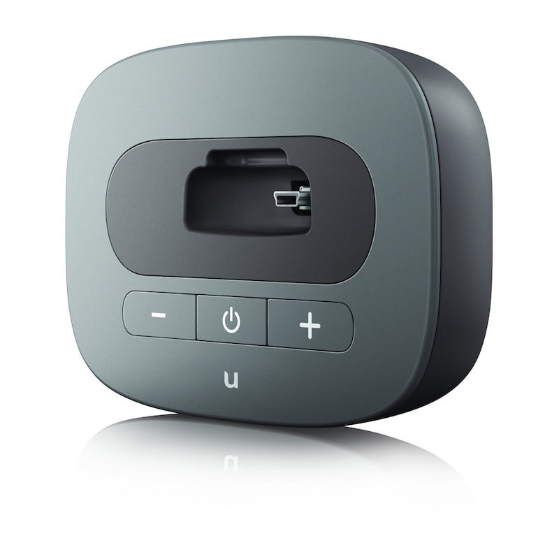 The Unitron uTV 3 is a compact, rectangular gray device with a central slot, three front buttons (minus, power, plus), and a small "u" symbol below the buttons, shown against a white background.
