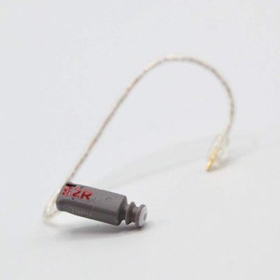 A gray Easywear wired RIC (S-receiver) hearing aid with a thin, clear wire labeled
