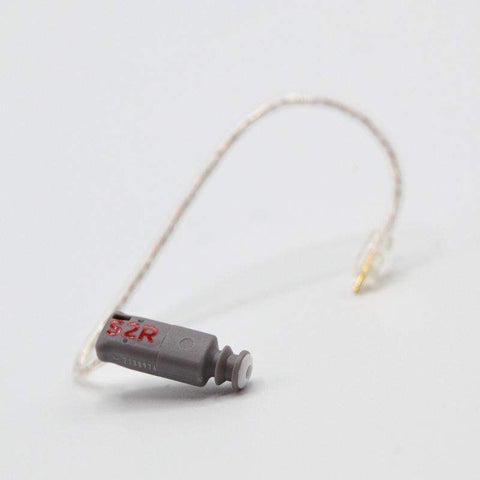 A gray Easywear wired RIC (S-receiver) hearing aid with a thin, clear wire labeled "S 2R" in red rests on a white background.