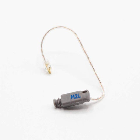 The Easywear wired RIC (M-Receiver), labeled M2L, is a small gray hearing aid receiver with a thin flexible wire and gold connector, shown on a plain white background.