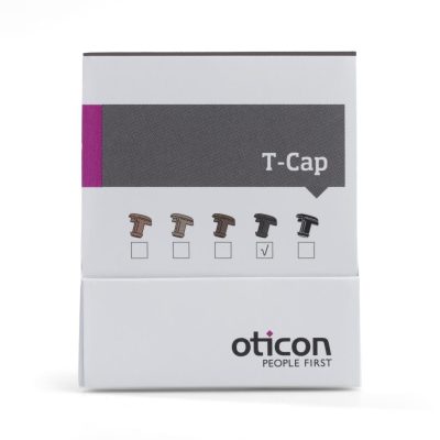 A box labeled Oticon T-Cap displays five small cap images in various colors, with one selected. The Oticon logo and the slogan 