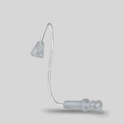 The LifeTube Refill, a transparent curved hearing aid tube, features a small flexible dome earpiece at one end and a double-flanged tip at the other, shown against a plain light gray background.