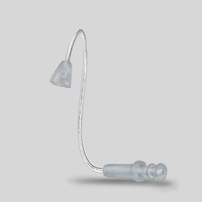 The LifeTube Refill is a clear, flexible hearing aid tube with a small dome earpiece on one end and a thin straight connector on the other, shown against a light gray background.