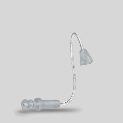 The LifeTube Refill, a transparent and flexible hearing aid tube with a soft ear tip, is displayed against a plain light gray background.