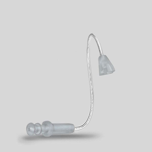 The LifeTube Refill, a clear curved hearing aid dome with an attached thin LifeTube, is shown against a plain light gray background.