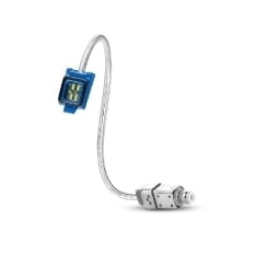 The MiniReceiver 2.0 is a flexible metallic sensor cable with a blue connector on one end and a silver electronic component on the other, shown isolated on a white background.