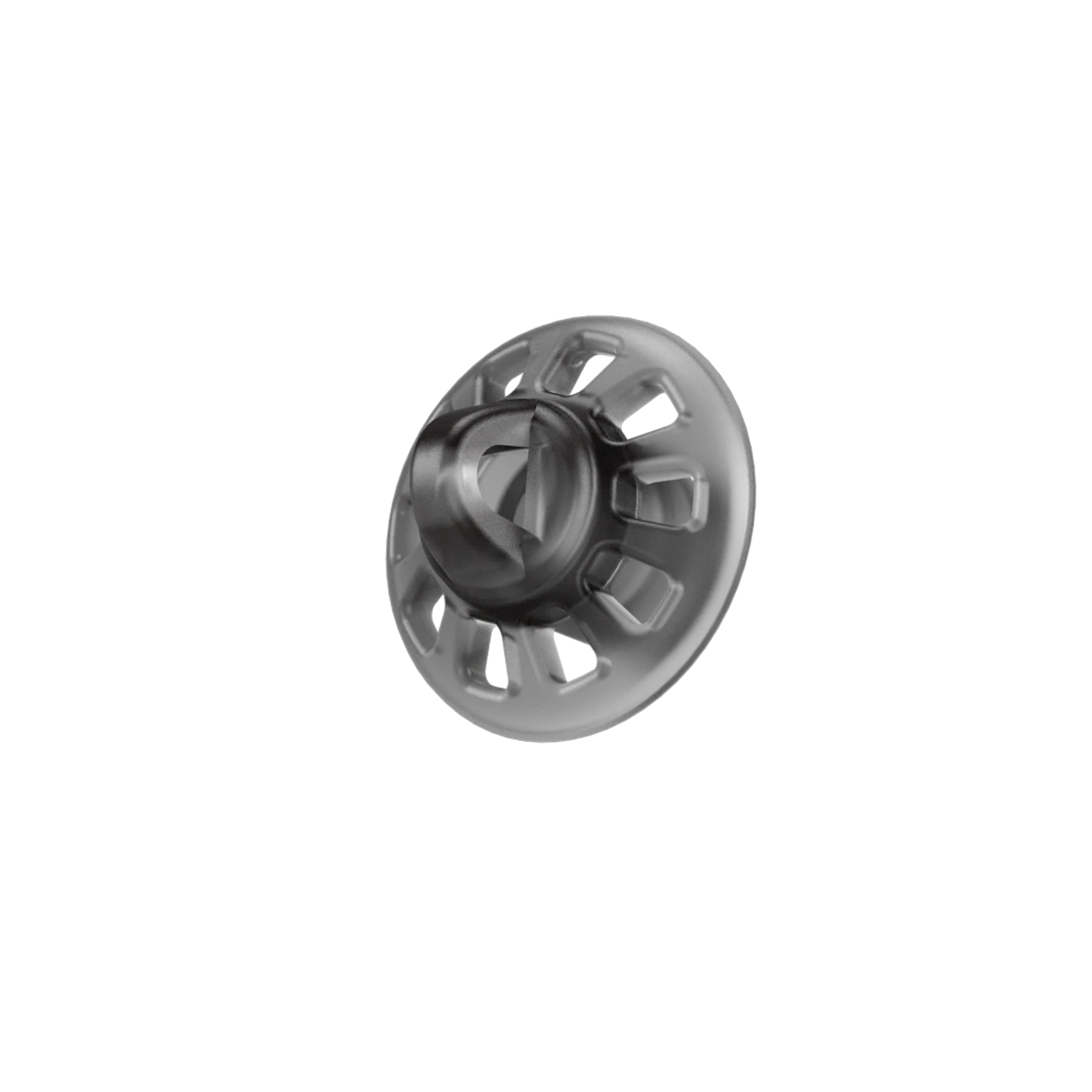 A metallic, circular Connexx Eartip 3.0 Open with a central raised knob and evenly spaced cutouts around the edge is shown on a plain white background.