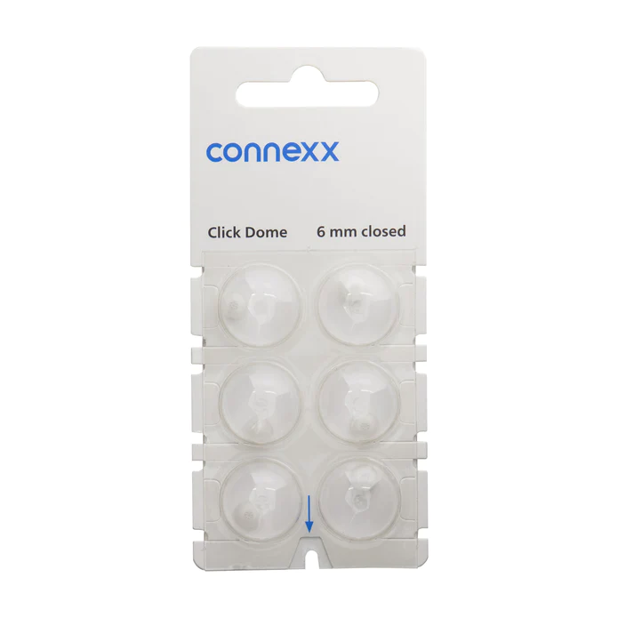 A Connexx Click Dome Closed package contains six 6mm clear, round plastic domes in two columns, designed for use with hearing aids.