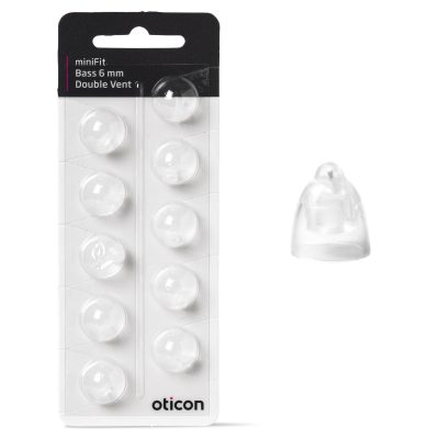 A pack of nine Oticon miniFit Bass-Dome (double vent) 6 mm clear, dome-shaped hearing aid tips, with one tip displayed next to the packaging.