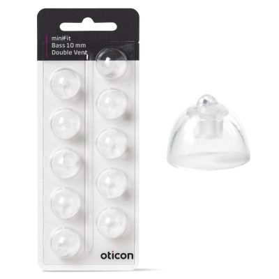 A package labeled Oticon miniFit Bass-Dome (double vent) contains ten clear, dome-shaped silicone ear tips, with one ear tip shown separately on the right side of the image.